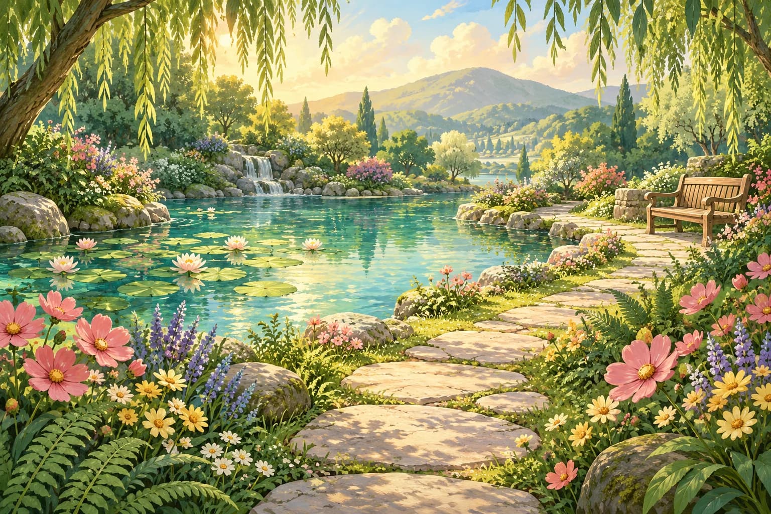 BlockBloom's illustrated garden, with a sunlit pond, flowers and stepping stones